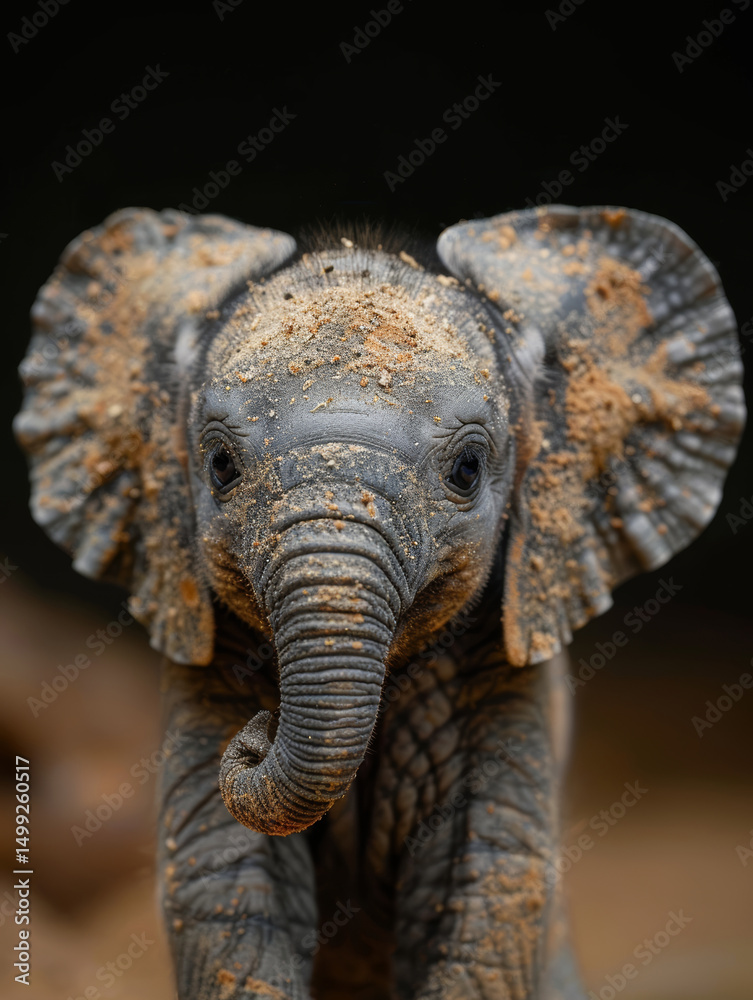 Fototapeta premium Close-up of a young elephant calf with sand-dusted skin and expressive eyes.