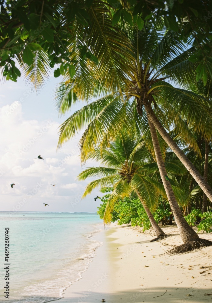 Fototapeta premium Tropical Beach Scene with Palm Trees and Birds