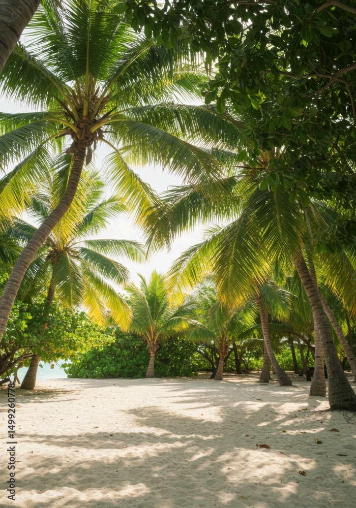 Fototapeta premium Lush Green Palm Trees on Sunny Tropical Beach