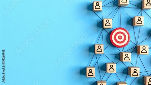 A target with a red bullseye is positioned near a network of interconnected cubes, each containing a human figure icon