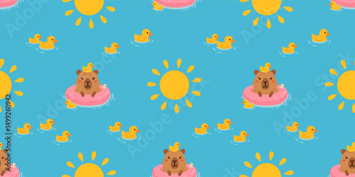 Seamless pattern with cute summer capybaras in various poses and items. Hand drawn cartoon flat style. Vacation seasonal template for design, kids collection