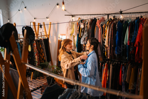 A trendy boutique where friends happily try on outfits and enjoy stylish apparel