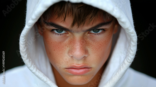 Freckled Teen Boy With Intense Gaze In White Hooded Sweatshirt