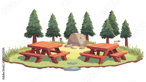 A digital illustration depicting a whimsical camping scene. The image features two red wooden picnic tables situated on a small, grassy island against a white background. 