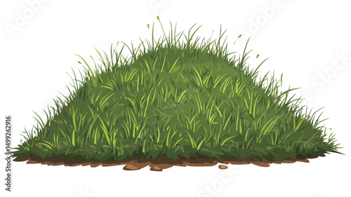 A digitally rendered illustration depicting a verdant mound of grass against a stark white background. The grass is rendered with varying shades of green, suggesting depth and texture