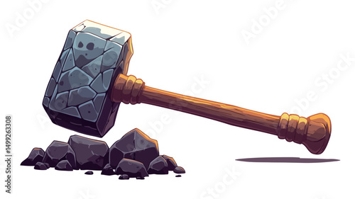 A digital painting depicting a stone hammer with a wooden handle resting on a pile of dark grey rocks. The hammer head shows a textured, slightly cracked surface, suggesting age and use