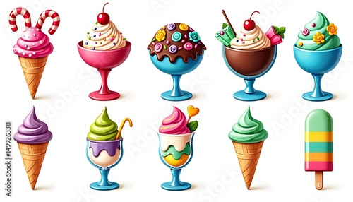 Ice Cream Collection: A delightful assortment of colorful ice cream desserts, including cones, sundaes, and popsicles, presented against a white background.