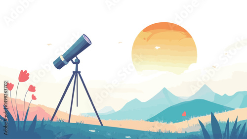 The image is a digital illustration featuring a stylized landscape dominated by a large, warm-toned sun rising behind a range of soft, pastel-colored mountains. In the foreground