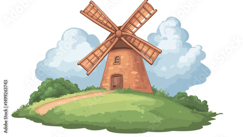 The image is a digital illustration depicting a quaint, brown windmill situated atop a verdant hill. The windmill features a classic design with four wooden blades and a small
