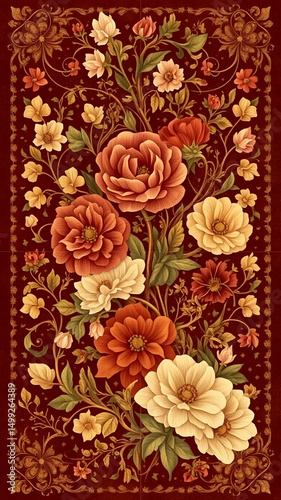 Elegant Autumnal Floral Bouquet Design Burgundy Background Botanical Illustration