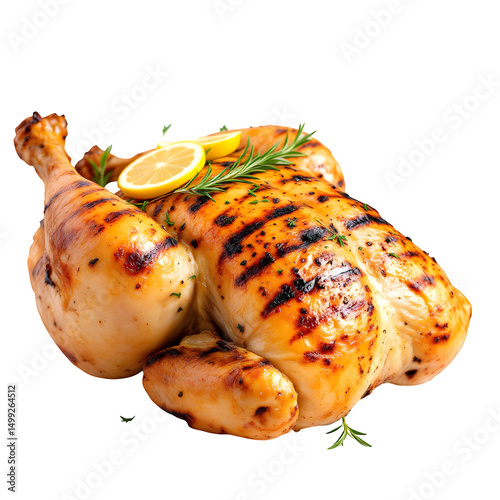 A close up shot of a roasted chicken garnished with lemon slices and rosemary on a black background isolated with white background