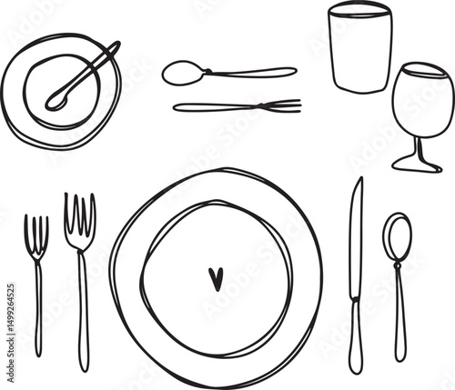 Restaurant table setting cups. Drawing, ink, line art, vector