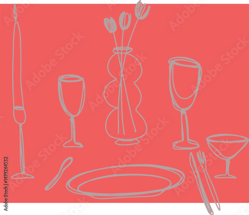 Restaurant table setting cups. Drawing, ink, line art, vector