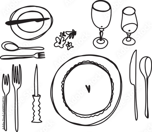 Restaurant table setting cups. Drawing, ink, line art, vector