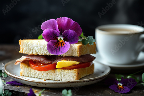 Artistic Sandwich with Coffee. A sandwich garnished with a flower on a plate next to a cup of coffee. Ideal for cafe or breakfast themes, rustic style.