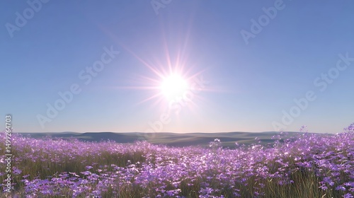 Summer Solstice: Wildflower field under brilliant peak sunlight with vast sky, natural landscape celebrating longest day abundance, joyful expression of midsummer fertility and growth at solar zenith