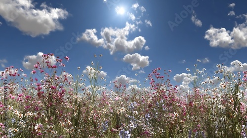 Summer Solstice: Wildflower field under brilliant peak sunlight with vast sky, natural landscape celebrating longest day abundance, joyful expression of midsummer fertility and growth at solar zenith
