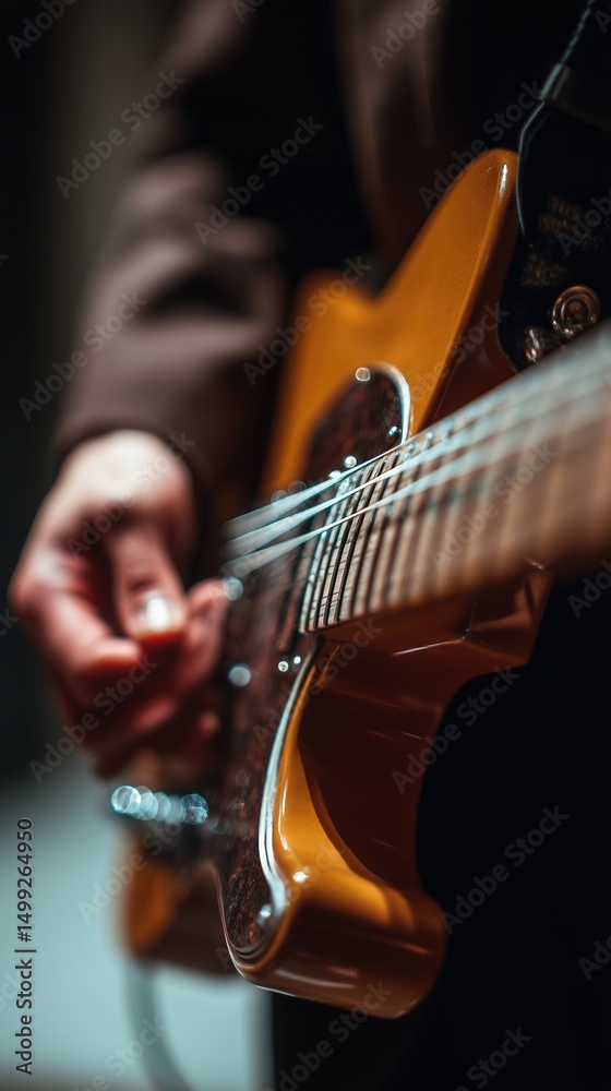 Fototapeta premium Guitariste main sur cordes guitare électrique éclairage ambré musical