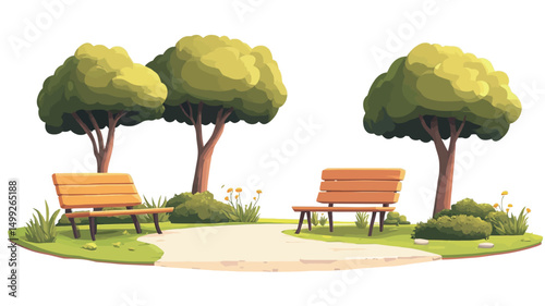 A digital illustration depicting a stylized park scene. The image features two wooden benches positioned on either side of a light-colored path. The benches are rendered with a smooth,