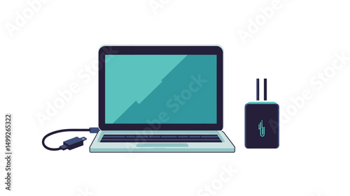 The image showcases a stylized illustration of a laptop computer and its power adapter. The laptop is depicted in a flat design style with a teal screen displaying a subtle diagonal gradient.