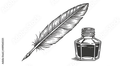 Vintage feather quill pen and inkwell isolated on white, perfect for old writing and literature