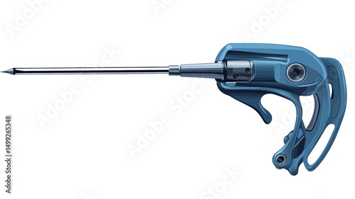 Close-up studio shot of a medical implantation device against a white background. The device is predominantly blue plastic with a slender, metallic needle-like component extending from one end.