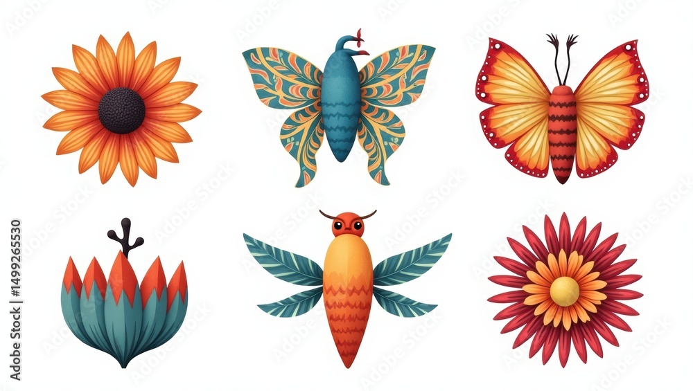 Obraz premium Decorative flowers and insects in vibrant colors.