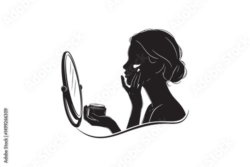 Woman Applying Cream Silhouette Design - Woman Face Care Mirror Vector