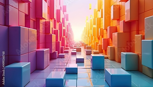 a brightly colored 3d rendering of a city with a rainbow of blocks,