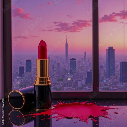 A red lipstick is on a table with a red stain