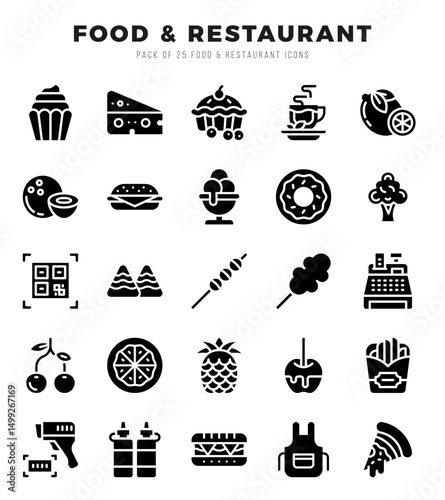 Set of Food and Restaurant Icons. Simple Glyph art style icons pack.