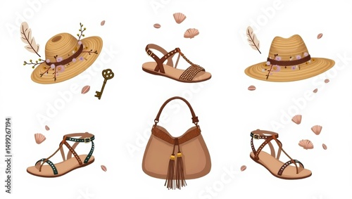 Stylish accessories and footwear set, featuring a straw hat, sandals, and a handbag.