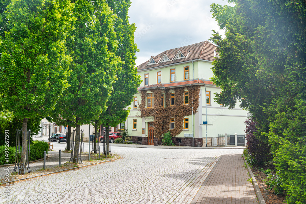 Obraz premium Quiet Street Scene with Historic Building and Green Trees Germany