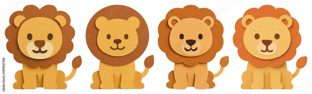 Fototapeta premium PNG Cute paper lions illustration, element set on transparent background