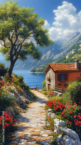A traditional old wood cottage nestled in the mountain landscape overlooks the serene lake under the summer sky, surrounded by trees