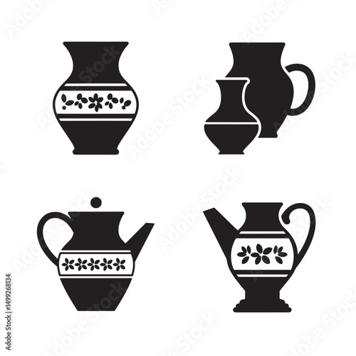 A set of black and white silhouette pottery vessels with floral decorations and patterns