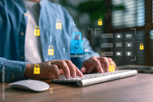 Cybersecurity and password protection concept. Man typing on keyboard with digital lock icons, encrypted access, secure login credentials, identity safety, and data privacy for online protection. photo