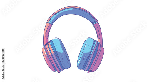 A digital illustration depicting a pair of over-ear headphones. The headphones are rendered in a pastel color palette, predominantly shades of pink, blue, and purple. The illustration style is a