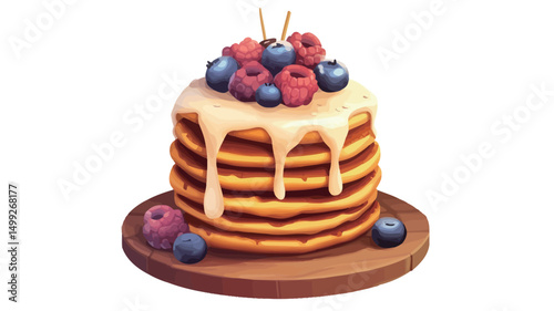 A digital illustration depicts a meticulously rendered stack of golden-brown pancakes. The pancakes are layered neatly and exhibit a slightly textured surface. A generous drizzle of creamy white