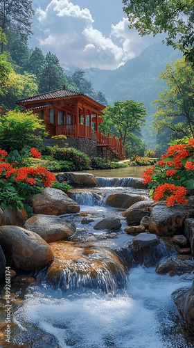 A Japanese garden in autumn showcases a waterfall flowing through the colorful nature of trees and rocks
