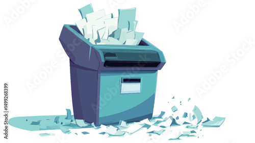 A stylized illustration depicting a paper shredder in operation. The shredder is rendered in a cartoonish style with a teal and dark purple color scheme. It features a rectangular body with a slot