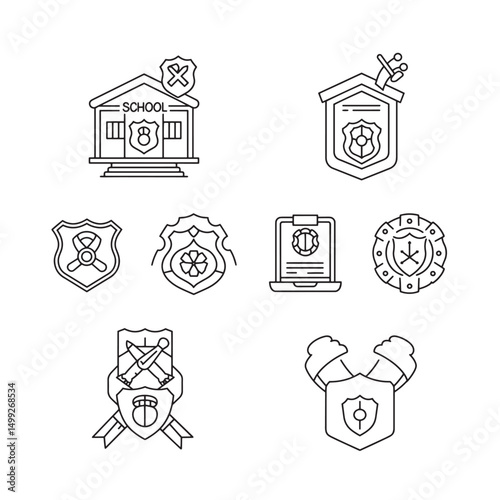 Black line art shields and school building vector silhouette illustrations