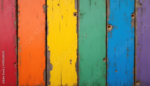 brightly painted wood planks with a red, yellow, green, and blue stripe,