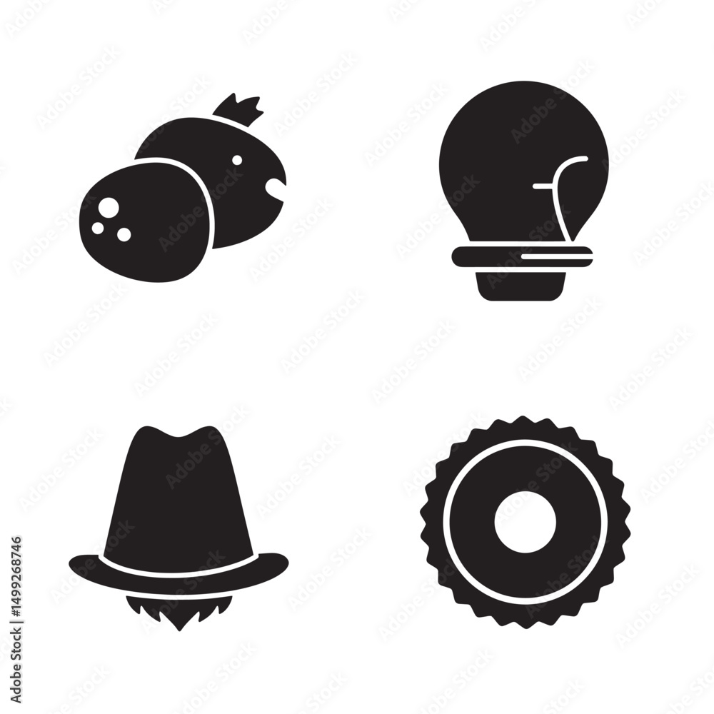 Fototapeta premium Black silhouette icons of fruits idea hat and bottle cap representing different concepts