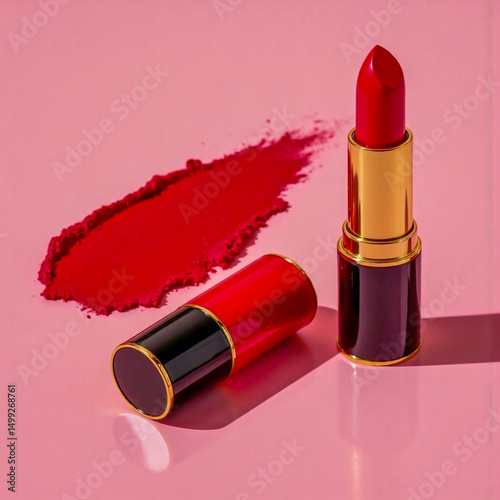 Two red lipsticks are on a pink background