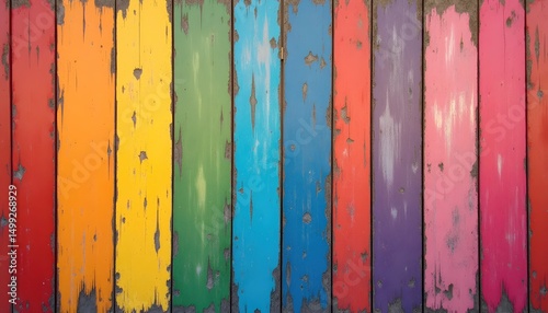 brightly painted wood planks with a red, yellow, green, and blue stripe,