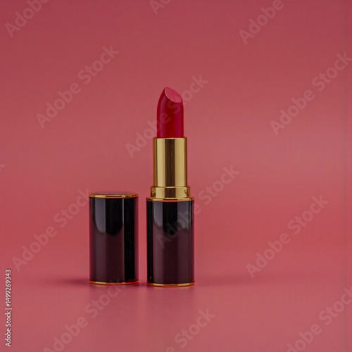 A red lipstick is sitting on a pink background