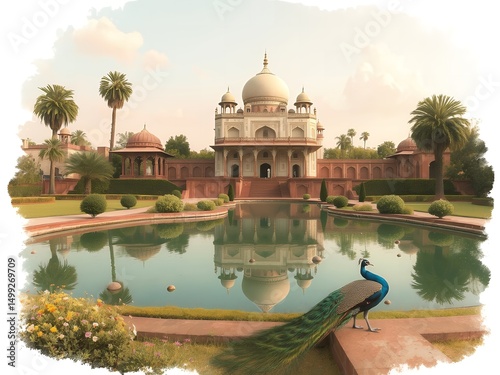 Majestic Peacock at the Iconic Taj Mahal Reflecting Pool in India