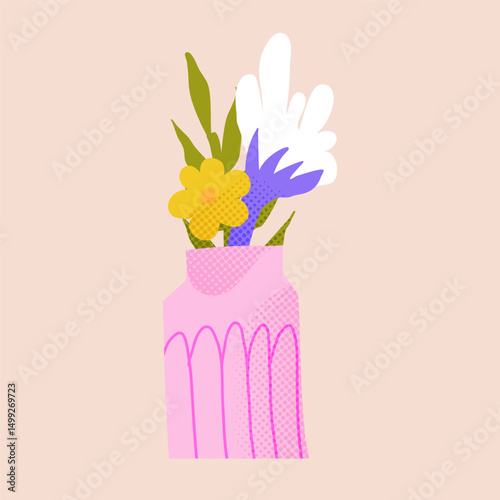 Vector paper cutout flat vase with abstract flowers bouquet in pastel tones, featuring halftone texture and collage style. Minimalist hand drawn illustration for posters, invitations, and web design