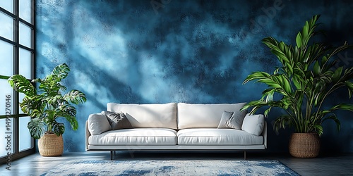White sofa mockup in modern living room with blue textured wall

 photo